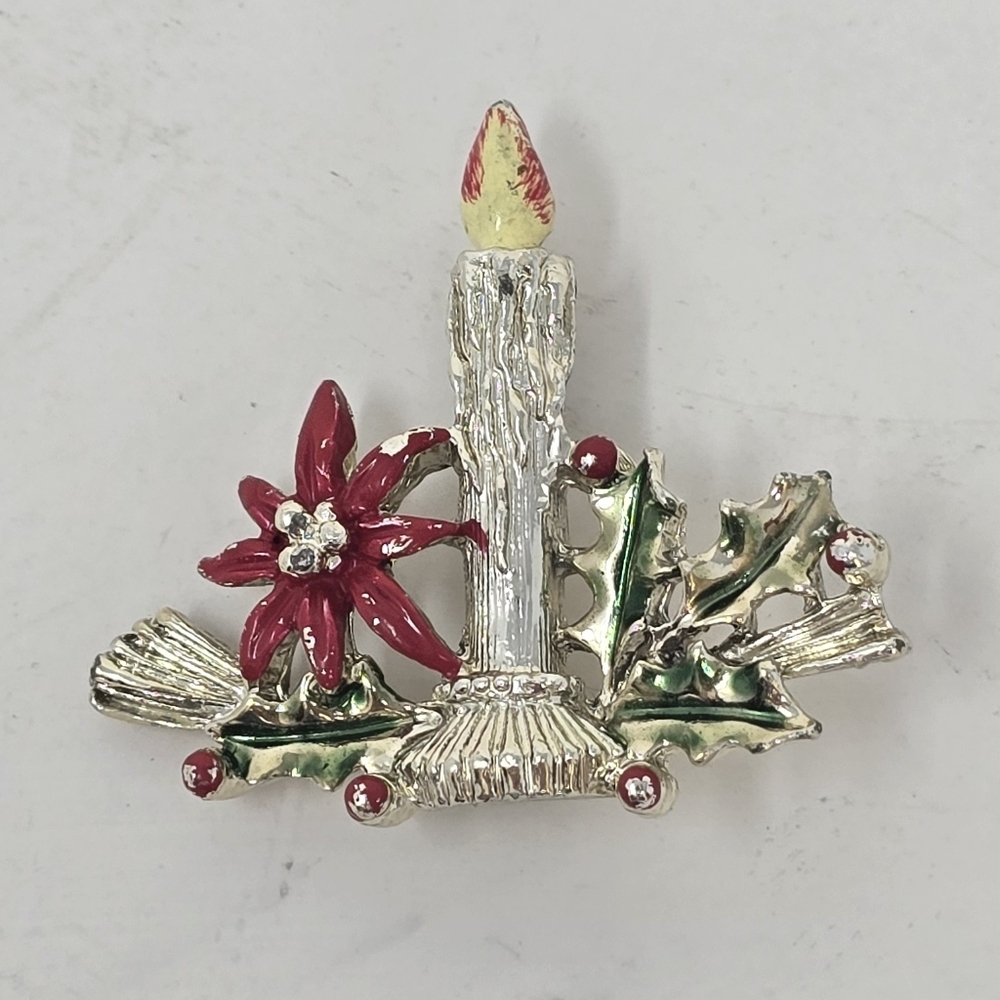Gerry's lit candle poinsettia silver tone enamel flame christmas brooch pin